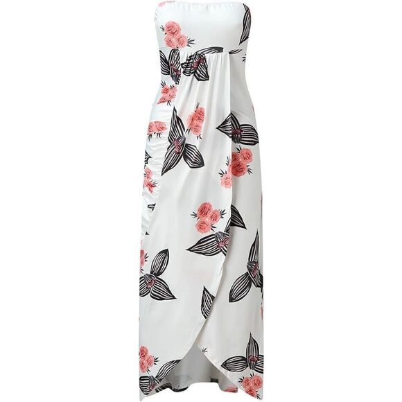 Women Strapless High Waist Slit Asymmetrical Solid Color Beach Maxi Dress NEW - Picture 2 of 10